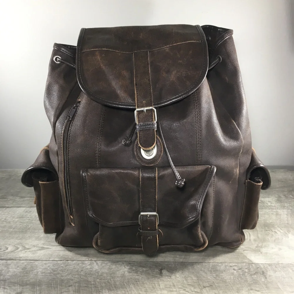 Vintage Brown Leather Book Pack Camping School Day Knapsack Backpack Rucksack